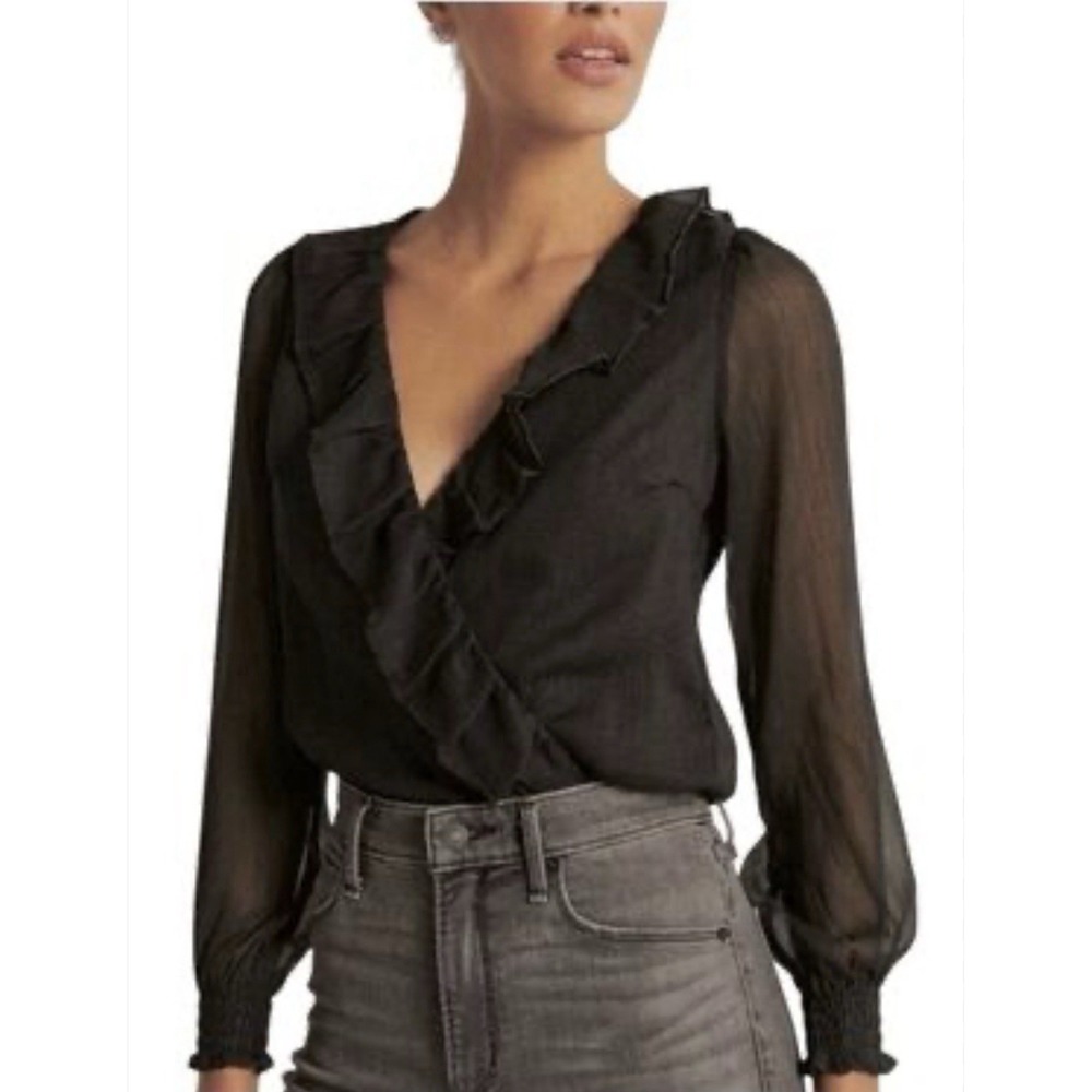 Abercrombie & Fitch Chiffon Ruffle Bodysuit Size Small Black‎ Sheer Long Sleeve